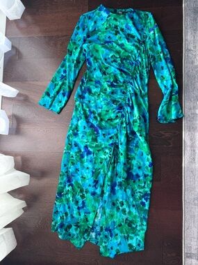 Zara Blue Green Floral Ruched Long Sleeve Midi Dress